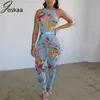 Joskaa Malha Impressão Floral Impressão Mulheres Bodysuit + Calças Longas 2 Piece Sexy Club Night Party Correspondência T200702