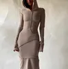 2021 긴 소매 후드 패치 워크 스키니 맥시 드레스 가을 겨울 여성 패션 가을 캐주얼 복장 S-3XL