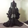 Siyah FAXU Kürk Ruffles Bornoz Pijama Gelin Bornoz Uzun Nightgowns Lüks Lingerie Peignoir Kimono Sabahlık Elbiseler Cornes