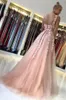 Charmiga Lace Appliques Prom Dress Spaghetti Strap Ärmlös Öppna Back Corset Blush Pink Tulle Aftonklänningar