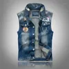 Gilets pour hommes en gros - Cool Mens Denim Vest Broder Lettres Slim Fit Moto Sans Manches Jean Veste Gilet Pour Man1