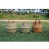 Doğal Dokuma Seagrass Sepet Depolama Çamaşırları için Kolları Ile Piknik Bitki Pot Kapak Y200723
