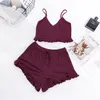 Suphis Frill Ribbed Sexy Nightwear V Neck Knit Pyjamas Femme D'été Camis Crop Tops Shorts Élastiques Femmes Solide Casual Home Costumes Y200708