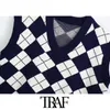 TRAF Women Fashion England Style Argyle Pattern Gilet lavorato a maglia Maglione vintage senza maniche Gilet femminile sciolto Chic Top 201123