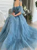 Blue Long Prom Dresses Sweetheart Crumpled Tulle Ruffles Evening Dresses Off Shoulder Tiered A-Line Party Dress Bow Belt