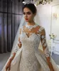 럭셔리 샴페인 인어 웨딩 드레스 탈착식 기차 높은 목 레이스 아플리케 환상 신부 드레스 Vestido de Noiva Robe de Mariee 2022