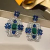 Sıcak Satış Renkli Elmas Gem Küpe Romantik Aşk Hediyeler Mavi Kristal Çiçek Kare Dangle Düğün Moda Takı Kadınlar Gümüş Küpe