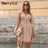 Berrygo الخامس الرقبة فساتين للنساء عالية الخصر أزرار طويلة الأكمام اللباس عارضة ألف خط جاهزة مكتب السيدات الخريف اللباس 2020 LJ200818