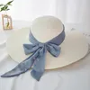 HT2259 Panama New Fashion Ladies Hats Beach Big Ribbon Bow Duże szeroki hat pociera kobiety letnie pakiet Foppy Beach Sun Hat słomka Y200602