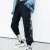 Rosetic BF Style Spodnie Cargo Kobiety Fajne Streetwear Striped Wstążki Gothic Luźne Hip Hop Spodnie dresowe Jogger Dark Black Goth 201031