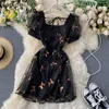 Casual jurken neploe elegante jurk vrouwen 2021 zomer gewaad zwarte vlinder sequin zoete meisjes bladerdeeg korte mouw slim fit gaas vestidos