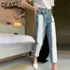 [DEAT] 2020 nuovi pantaloni di moda jeans a vita alta da donna denim dritto color block pulsante laterale design fit per il tempo libero selvaggio LJ201029