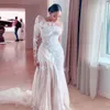 Vestidos de Noiva Sereia Retro Renda Um Ombro Arábia Saudita Ilusão Manga Comprida Tule Trem Vestidos de Noiva 2021 Primavera 180l