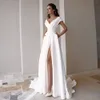Modest V-Neck Wedding Dress Fashion Short Sleeve Sweep Train Slit A Line Bridal Gown with Pockets 201114