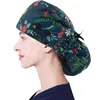 Print Adjustable Long Hair Working Cap with Button Ponytail Holder Scrub Hats Elastic Nurse Hat for Women