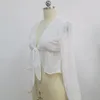 Camicetta da donna sexy trasparente camicia bianca pullover a pois scollo a V staccabile con fiocco increspature manica a lanterna crop top LJ200812