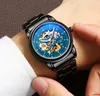 Wlisth Men White Blue Mechanical Watch Homens de Couro Assista Luminoso Relógio Mecânico