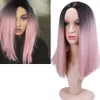 Mixed Gray Ash Blonde Black Pink Straight 14 Inch Synthetic Wigs For Black Women Hair Cosplay Wigs Heat Resistant Fiber