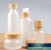 Frosted Glass Jar Lotion Cream Bottles Round Cosmetic Jars Hand Face Lotion Pump Bottle with wood grain cap SN816