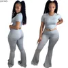 CM.YAYA Fashion Solid Women's Set Short Sleeve T-Shirt Wide Leg Flare Finny Pants Jogger Suit Two Piece Set Tracksuit Outfits T200826