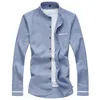 CalrtyAsa Chinese Style Pure Color Oxford Shirt Men Fashion Casual Mandarin Collar Long Sleeve Shirt Social Man Denim Blue