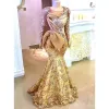 Gold Aso Ebi Meerjungfrau Abendkleider mit langen Ärmeln Sheer Neck Sweep Zug Plus Size Blumenspitze Prom Party Kleider für arabische Frauen 2022 CG001