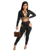 Wholesale Tracksuits Women Two 2 Piece Set Sexy Bandage Crop Top Pants Matching Set Solid Fashion Hollow Out outfits Fall Clothes long sleeve sportswear 6912