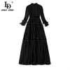 Ld Linda della moda pisti maxi dresse'nin uzun kollu dantel patchwork fırfırları vintage siyah zarif parti 220310