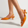 Jurk Schoenen Orange Kitten Hak Vrouwen Rhinestone Decor Pumps Backless Dames Crystal Gesp-muilezels met elastische rugriem maat 36-41