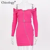 Chicology off shoulder belt zipper button dress long sleeve bodycon autumn winter women sexy party casual lady clothes T200521
