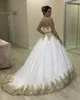 2022 Luxury Dubai A-Line Wedding Dresses Bridal Formal Gowns Bling crystals Gold Lace Appliques Bateau Neck Sheer Long Sleeves Off Shoulder Plus Size Bride Dress