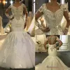 Luksusowe Duszki Dubaj Syrenki Suknie Ślubne 100 CM Train Ciężki Frezowanie Koronkowe Aplikacje Illusion Sleevs Sukienka Bridal Vestido de Noiva Robe de Mariee 2022