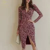 Robes de soirée H han rainha elegante com decote em v lápis de escritório vestido feminino coreano magro sexy split print bainha vestidos trabalho festa bodycon