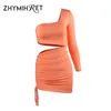 ZHYMIHRET Fashion Fall One Shoulder Dres Sexy Ruched Waist Hollow Out Dresses Long Sleeve Vestido De Festa Longo 220215