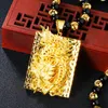 Whole Gifts Sorgfältig geschnitzter chinesischer gelber 24-Karat-Golddrache mit schwarzem Obsidian-Halskettenanhänger für Herrenschmuck 20101371463592008902