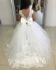 Dantel Pageant Çiçek Kız Elbise Yaylar Çocuk İlk Communion Elbise Prenses Tül Balo Düğün Parti Elbise 2-14 Yıl