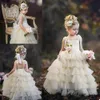 Piękny kwiat Dziewczyny Sukienki Spaghetti Paski Koronki Wielopoziomowe Dzieci Formalne Nosić Custom Made Backless Birthday Toddler Pageant Suknie