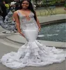 Aso Ebi Silver African Prom Dress With Lace Sexy V Neck Trumpet Mermaid Evening Gowns 2022 Black Girls Formal Pageant Occasion Party Dress Robes De Soirée Femme