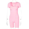 Beyprern Casual Ruched Biker Jumpsuit Playsuit Macacão New Chic Womens Bonito Bonita Bodycon Workout Jumpsuit Rosa Outfits T200704