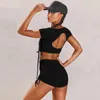 Svokor Summer Yoga Set Short Sleeve Crop Top Gym Fitness Clothing for Women spets Hög midja Yoga Sport Shorts Suit Sportswear T200610