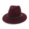 100％ウールユニセックス男性女性ソリッドカラーFedora帽子ベルトバックルワイドブリムジャズTrilby Hat WomenドレスChapeau Church Hats