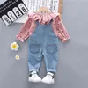 Spring Autumn Children Cotton Clothes Baby Girls Suit fot Hooded denim Bib Pants 2Pcs/sets Out Kid Fashion Clothing sets 211224