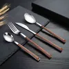 16pcs Stainless Steel Imitation Wooden Handle Cutlery Set Dinnerware Clamp Western Tableware Knife Fork Tea Spoon Silverware 211228