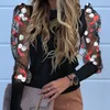 AOTTER SLULIAN New Fashion Women Blouses Tops Floral Embroidery Long Sleeve Round Neck Sheer Mesh Insert Blouse LJ200812