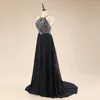 Zwarte chiffon prom avondjurken halter top hand-werkende kralen kristyal schede jurk formele partij homcomiong jurken lange speciale gelegenheid
