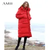 Amii minimalist kadınlar uzun ceketler kış nedensel soild cepler kalın sıcak beyaz ördek aşağı dişi kapüşonlu kaplama 11840275 201019