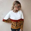 Moda leopardo retalhos outono inverno 2020 senhoras tricotadas camisola mulheres o-pescoço de manga cheia jumper pullovers top khaki marrom