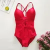 Red Black women's One piece swimsuit bandage bathing suit push up halter top swimming suit for women T200708