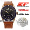 ZF Bronze A2824 자동 망 시계 43mm 블루 다이얼 세 갈색 가죽 스트랩 최고의 버전 PureTime PTTD C09