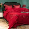 4 / 6Piece Red Egyptisk bomull Lace Luxury Wedding Bedding Set King Queen Size Bed Cover Set Bedsheets Duvet Cover Set Pillowcases 201021